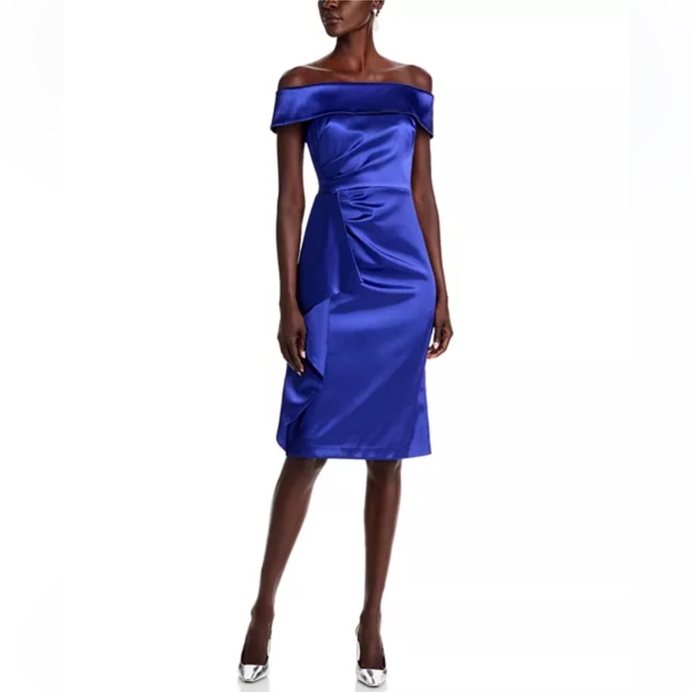 Eliza J Blue Satin Off-the-Shoulder Cocktail Dress Sz 2 | Knee Length Evening